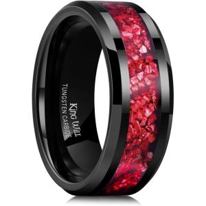 King Will Mens Meteorite Tungsten Wedding Bands, 6mm/8mm Width, Black/Silver Engagement Rings for Couples, Beveled Edge Promise Ring for Women Comfort Fit(Black&Red-8mm)