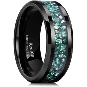 King Will Mens Meteorite Tungsten Wedding Bands, 6mm/8mm Width, Black/Silver Engagement Rings for Couples, Beveled Edge Promise Ring for Women Comfort Fit(Black&Teal-8mm)