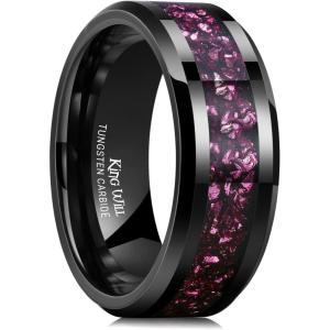 King Will Mens Meteorite Tungsten Wedding Bands, 6mm/8mm Width, Black/Silver Engagement Rings for Couples, Beveled Edge Promise Ring for Women Comfort Fit(Black&Purple-8mm)