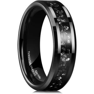 King Will Mens Meteorite Tungsten Wedding Bands, 6mm/8mm Width, Black/Silver Engagement Rings for Couples, Beveled Edge Promise Ring for Women Comfort Fit(Black-6mm)