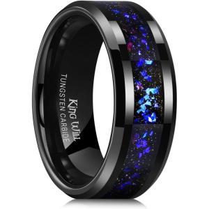 King Will Mens Meteorite Tungsten Wedding Bands, 6mm/8mm Width, Black/Silver Engagement Rings for Couples, Beveled Edge Promise Ring for Women Comfort Fit(Blue&Purple-8mm)