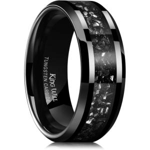 King Will Mens Meteorite Tungsten Wedding Bands, 6mm/8mm Width, Black/Silver Engagement Rings for Couples, Beveled Edge Promise Ring for Women Comfort Fit(Black-8mm)