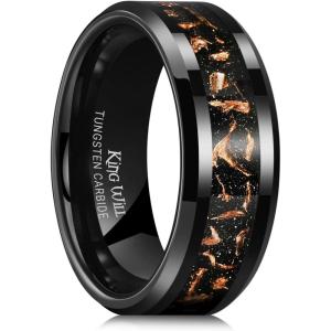 King Will Mens Meteorite Tungsten Wedding Bands, 6mm/8mm Width, Black/Silver Engagement Rings for Couples, Beveled Edge Promise Ring for Women Comfort Fit(Black&Rose Gold-8mm)