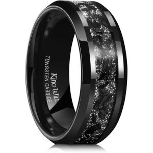 King Will Mens Meteorite Tungsten Wedding Bands, 6mm/8mm Width, Black/Silver Engagement Rings for Couples, Beveled Edge Promise Ring for Women Comfort Fit(Black&Shimmer-8mm)