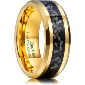 King Will Mens Meteorite Tungsten Wedding Bands, 6mm/8mm Width, Black/Silver Engagement Rings for Couples, Beveled Edge Promise Ring for Women Comfort Fit(Gold&Black-8mm)
