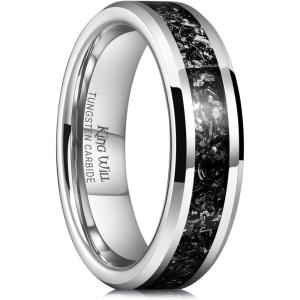 King Will Mens Meteorite Tungsten Wedding Bands, 6mm/8mm Width, Black/Silver Engagement Rings for Couples, Beveled Edge Promise Ring for Women Comfort Fit(Silver-6mm)