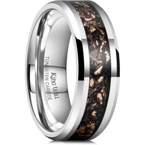 King Will Mens Meteorite Tungsten Wedding Bands, 6mm/8mm Width, Black/Silver Engagement Rings for Couples, Beveled Edge Promise Ring for Women Comfort Fit(Silver&Rose Gold-8mm)