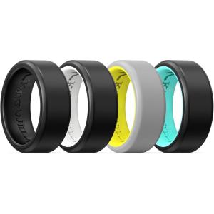 King Will Men’s Silicone Wedding Bands, 8mm Comfort Fit with Unique Inner Groove Design, Rubber Engagement Rings for Daily Wear and Activities – 1/4 Variety Multipack(Grey&Yellow  Black&Mint Blue  Black&White  Black&Black)