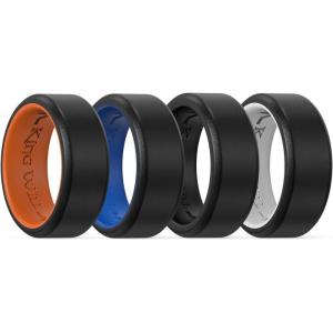 King Will Men’s Silicone Wedding Bands, 8mm Comfort Fit with Unique Inner Groove Design, Rubber Engagement Rings for Daily Wear and Activities – 1/4 Variety Multipack(Black&Black  Black&White  Black&Blue  Black&Orange)