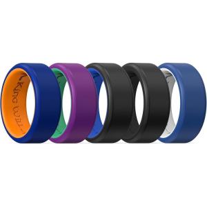 King Will Men’s Silicone Wedding Bands, 8mm Comfort Fit with Unique Inner Groove Design, Rubber Engagement Rings for Daily Wear and Activities – 1/4 Variety Multipack(Deep Blue&Orange  Purple&Green  Black&Blue  Black&Black  Blue&White)