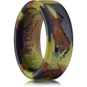 King Will Mens Silicone Wedding Rings, Green Camouflage Rubber Wedding Bands with Unique Mountain Peak Design, 8mm Wide 2.2mm Thick, Comfort Fit Size 11