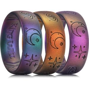 King Will Mens Silicone Wedding Rings Star & Moon Unisex Rubber Wedding Bands(3PC)