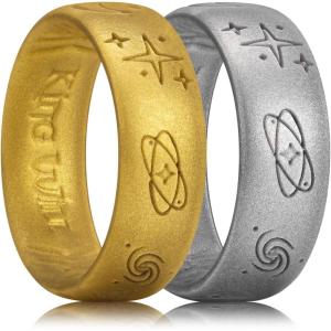 King Will Mens Silicone Wedding Rings Star & Moon Unisex Rubber Wedding Bands(Gold+Metallic Dark Gray)