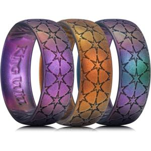 King Will Mens Silicone Wedding Rings Star/Flower Pattern Rubber Wedding Bands(3PC)