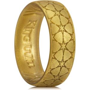 King Will Mens Silicone Wedding Rings Star/Flower Pattern Rubber Wedding Bands(B-Gold)