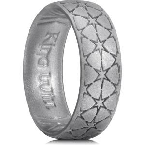 King Will Mens Silicone Wedding Rings Star/Flower Pattern Rubber Wedding Bands(B-Metallic Dark Gray)