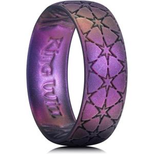 King Will Mens Silicone Wedding Rings Star/Flower Pattern Rubber Wedding Bands(B-Starry Sky Purple)