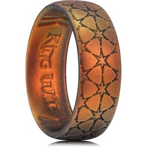 King Will Mens Silicone Wedding Rings Star/Flower Pattern Rubber Wedding Bands(B-Sunset orange)