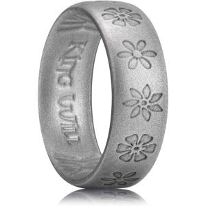 King Will Mens Silicone Wedding Rings Star/Flower Pattern Rubber Wedding Bands(C-Metallic Dark Gray)