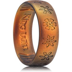 King Will Mens Silicone Wedding Rings Star/Flower Pattern Rubber Wedding Bands(C-Sunset orange)