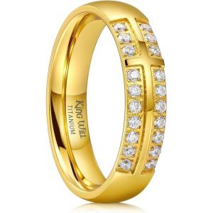 King Will Men’s Titanium Wedding Band – 8mm Polished Band with Step Edges and Cross Design Featuring White Zirconia Insets Comfort Fit Size 7-14(Gold-White-5mm)