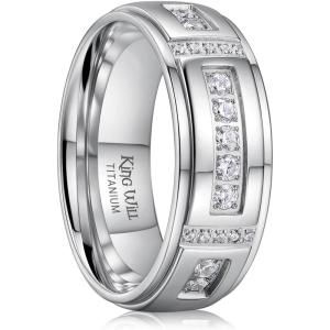 King Will Men’s Titanium Wedding Band – 8mm Polished Band with Step Edges and Cross Design Featuring White Zirconia Insets Comfort Fit Size 7-14(Silver-White-8mm)