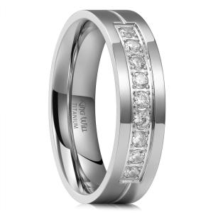King Will Men’s Titanium Wedding Band – 8mm Polished Band with Step Edges and Cross Design Featuring White Zirconia Insets Comfort Fit Size 7-14(Silver-White-6mm-B)