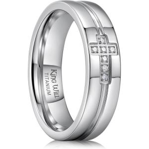King Will Men’s Titanium Wedding Band – 8mm Polished Band with Step Edges and Cross Design Featuring White Zirconia Insets Comfort Fit Size 7-14(Silver-White-6mm)