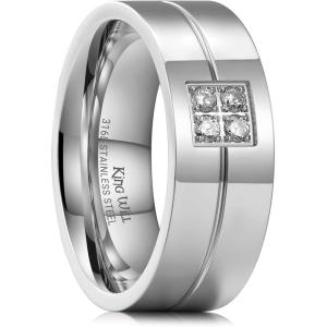 King Will Men’s Titanium Wedding Band – 8mm Polished Band with Step Edges and Cross Design Featuring White Zirconia Insets Comfort Fit Size 7-14(Silver-White-8mm-B)