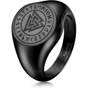 King Will Men’s Tungsten Signet Rings Thumb Pinky Biker Band Ring For Men High Polished Plain Wedding Statement Ring Comfort Fit Size 7-12(Runes-Black)