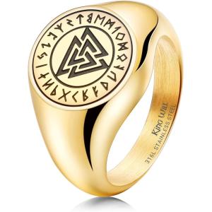 King Will Men’s Tungsten Signet Rings Thumb Pinky Biker Band Ring For Men High Polished Plain Wedding Statement Ring Comfort Fit Size 7-12(Runes-Gold)