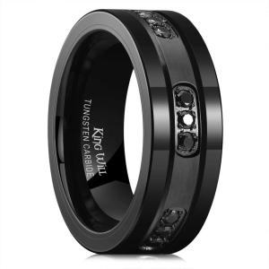 King Will Mens Tungsten Wedding Band with Cubic Zircon Inlay 7mm/8mm Flat Cut Comfort Fit Engagement Rings(B-Black&Black-8mm)