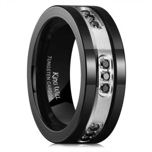 King Will Mens Tungsten Wedding Band with Cubic Zircon Inlay 7mm/8mm Flat Cut Comfort Fit Engagement Rings(B-Black&Silver-8mm)