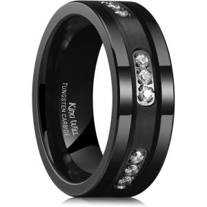 King Will Mens Tungsten Wedding Band with Cubic Zircon Inlay 7mm/8mm Flat Cut Comfort Fit Engagement Rings(B-Black&White-8mm)