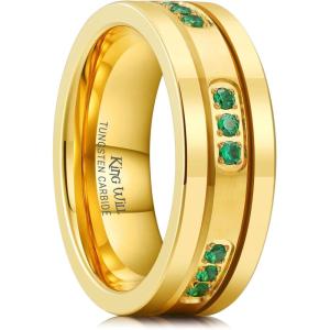 King Will Mens Tungsten Wedding Band with Cubic Zircon Inlay 7mm/8mm Flat Cut Comfort Fit Engagement Rings(B-Gold&Green-8mm)