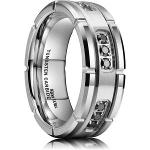 King Will Mens Tungsten Wedding Band with Cubic Zircon Inlay 7mm/8mm Flat Cut Comfort Fit Engagement Rings(Black)
