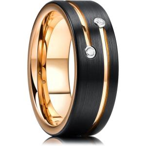 King Will Mens Tungsten Wedding Band with Cubic Zircon Inlay 7mm/8mm Flat Cut Comfort Fit Engagement Rings(C-Black&Gold-8mm)