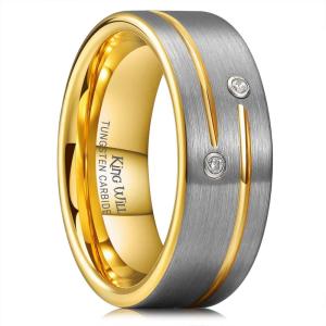 King Will Mens Tungsten Wedding Band with Cubic Zircon Inlay 7mm/8mm Flat Cut Comfort Fit Engagement Rings(C-Silver&Gold-8mm)