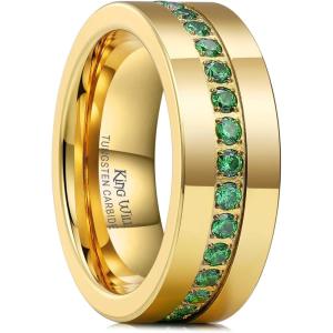 King Will Mens Tungsten Wedding Band with Cubic Zircon Inlay 7mm/8mm Flat Cut Comfort Fit Engagement Rings(Gold&Green-8mm)