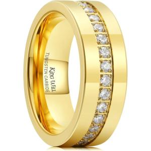 King Will Mens Tungsten Wedding Band with Cubic Zircon Inlay 7mm/8mm Flat Cut Comfort Fit Engagement Rings(Gold&White)