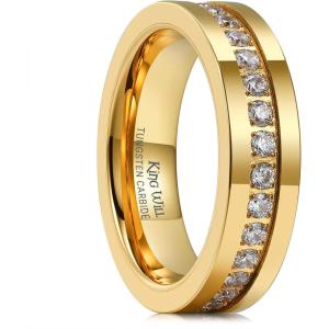 King Will Mens Tungsten Wedding Band with Cubic Zircon Inlay 7mm/8mm Flat Cut Comfort Fit Engagement Rings(Gold&White-6mm)