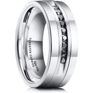 King Will Mens Tungsten Wedding Band with Cubic Zircon Inlay 7mm/8mm Flat Cut Comfort Fit Engagement Rings(Silver-8mm)