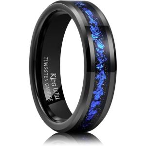 King Will Mens Wedding Band with Foils Inlay, Black/Silver/Gold Beveled Edge Glowstone Ring, 6mm/8mm Tungsten Carbide Rings Comfort Fit(Black&Blue-6mm)