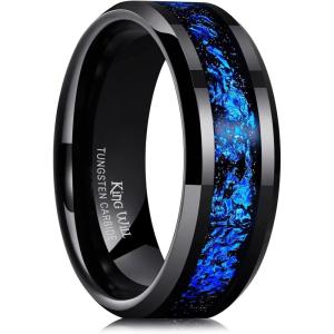 King Will Mens Wedding Band with Foils Inlay, Black/Silver/Gold Beveled Edge Glowstone Ring, 6mm/8mm Tungsten Carbide Rings Comfort Fit(Black&Blue-8mm)