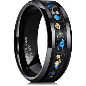King Will Mens Wedding Band with Foils Inlay, Black/Silver/Gold Beveled Edge Glowstone Ring, 6mm/8mm Tungsten Carbide Rings Comfort Fit(Black&Blue+Gold-8mm)