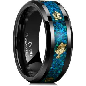 King Will Mens Wedding Band with Foils Inlay, Black/Silver/Gold Beveled Edge Glowstone Ring, 6mm/8mm Tungsten Carbide Rings Comfort Fit(Black&Bluegreen Opal+Gold-8mm)