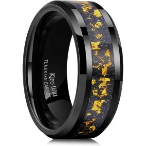 King Will Mens Wedding Band with Foils Inlay, Black/Silver/Gold Beveled Edge Glowstone Ring, 6mm/8mm Tungsten Carbide Rings Comfort Fit(Black&Colorful Gold-8mm)