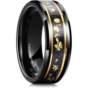 King Will Mens Wedding Band with Foils Inlay, Black/Silver/Gold Beveled Edge Glowstone Ring, 6mm/8mm Tungsten Carbide Rings Comfort Fit(Black&Gold Line-8mm)