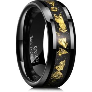 King Will Mens Wedding Band with Foils Inlay, Black/Silver/Gold Beveled Edge Glowstone Ring, 6mm/8mm Tungsten Carbide Rings Comfort Fit(Black&Gold-8mm)