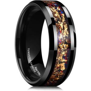 King Will Mens Wedding Band with Foils Inlay, Black/Silver/Gold Beveled Edge Glowstone Ring, 6mm/8mm Tungsten Carbide Rings Comfort Fit(Black&Gold+Red+Blue-8mm)